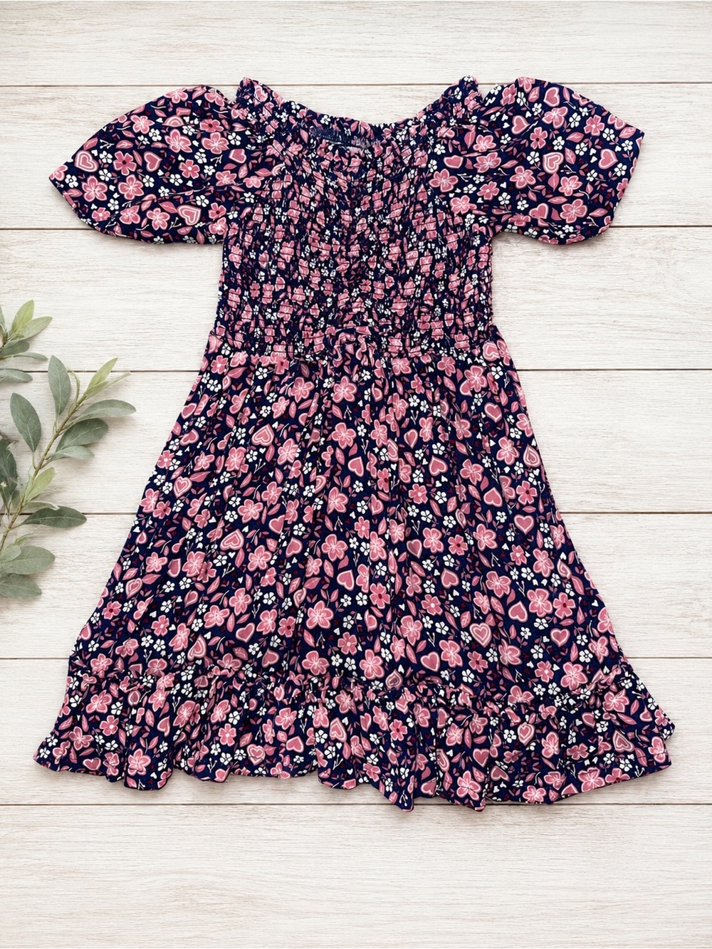 Girls Navy Blue Floral Pink Smocked Dress lemon kiss 4T